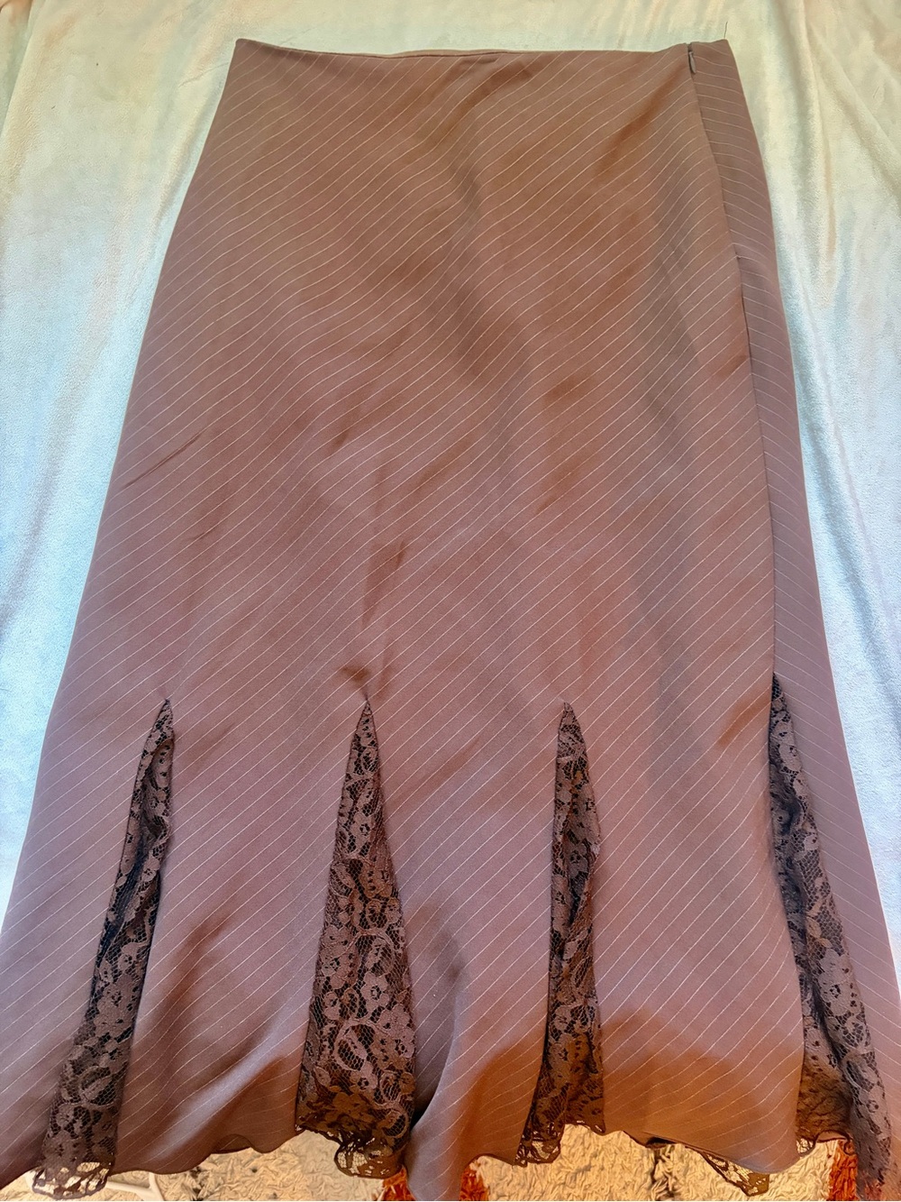 Vintage Y2K Brown Pinstripe Women’s Skirt with Lace Fringe Size 14